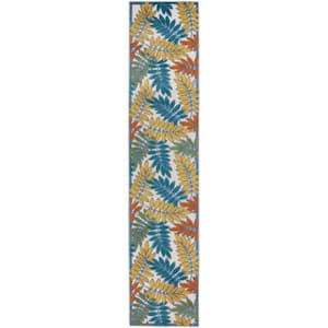 Charlie 2 X 12 ft. Ivory Teal and Gold Floral Indoor/Outdoor Area Rug