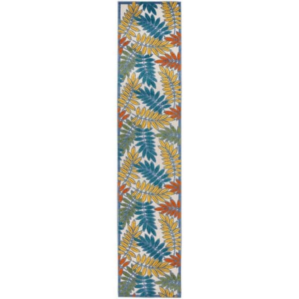 HomeRoots Charlie 2 X 12 ft. Ivory Teal and Gold Floral Indoor/Outdoor Area Rug