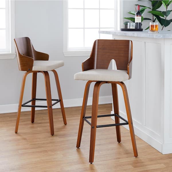 Lumisource Ariana 29.5 in. Beige Fabric, Walnut Wood and Black Metal Fixed-Height Bar Stool with Square Footrest (Set of 2)