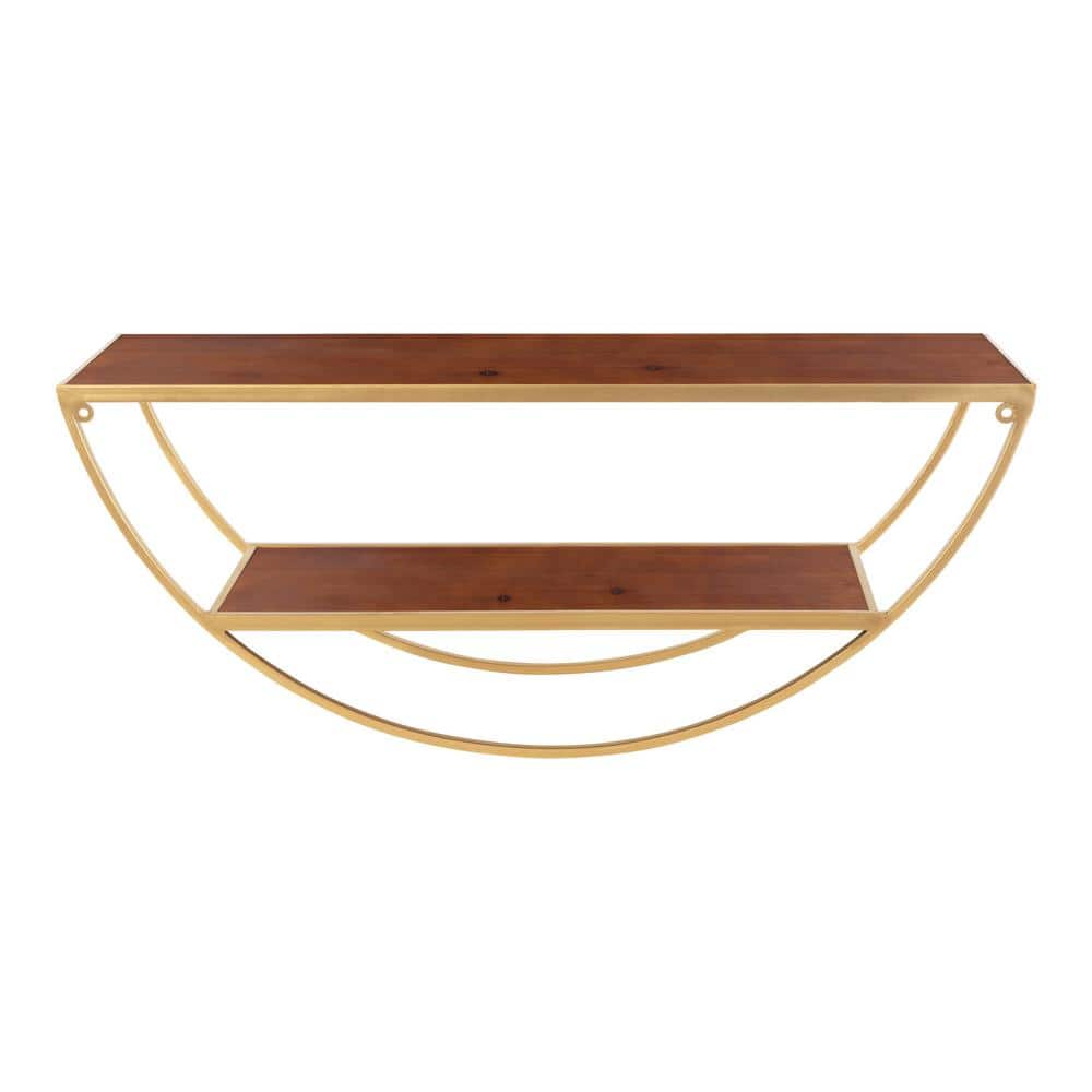 Walnut Brown and Gold Half-Moon Floating Wall Shelf