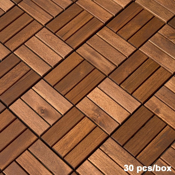 BTMWAY 1 ft. x 1 ft. Square Interlocking Acacia Wood Quick Patio Deck Tile Outdoor Checker Pattern Flooring Tile (30 Per Box)