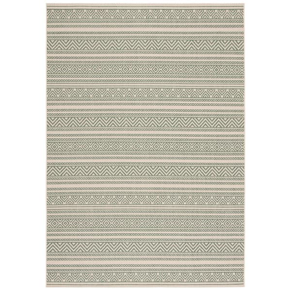 Courtyard Beige/Dark Green 5 ft. x 8 ft. Tribal Striped Indoor/Outdoor Patio  Area Rug