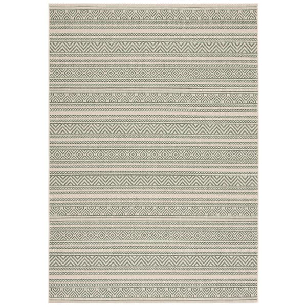 SAFAVIEH Courtyard Beige/Dark Green 9 ft. x 12 ft. Tribal Striped Indoor/Outdoor Patio  Area Rug