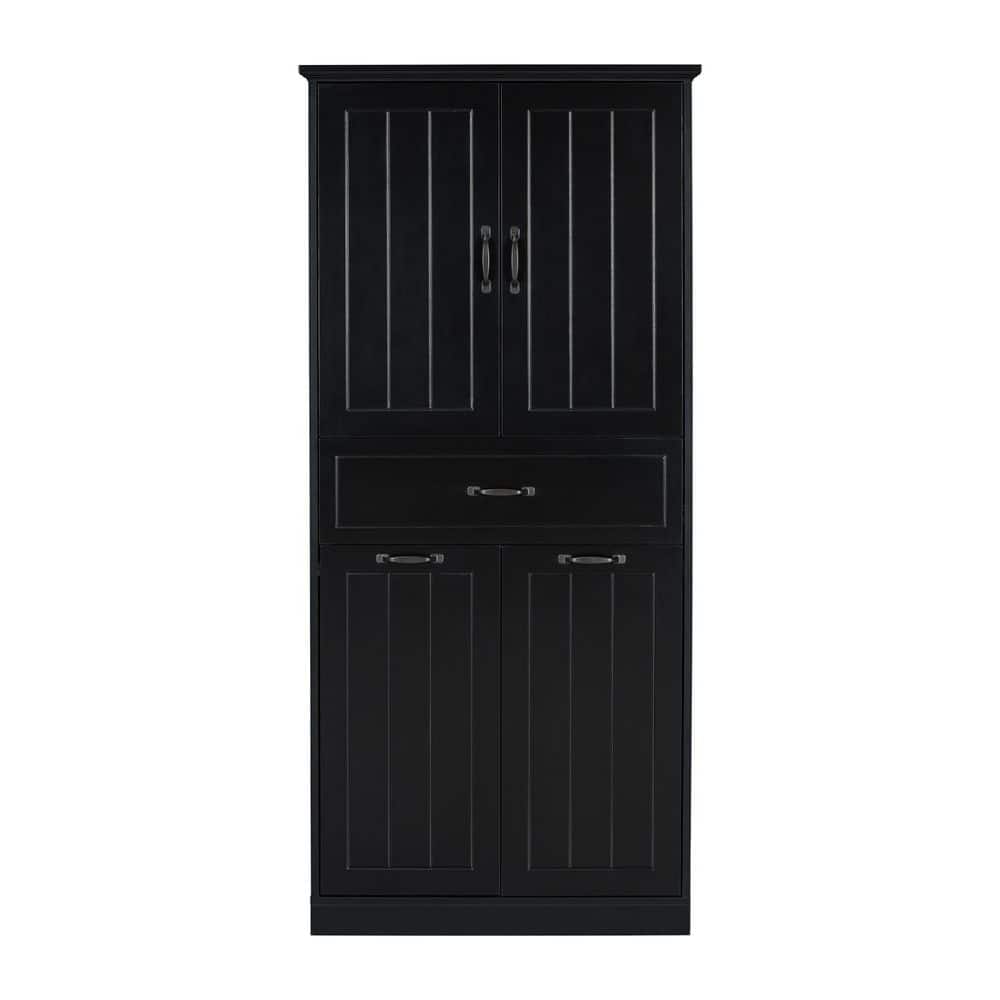30 in. W x 16 in. D x 66 in. H Black Wood Linen Cabinet with Two Laundry Baskets, Doors and Drawer price history on PriceWatchPro