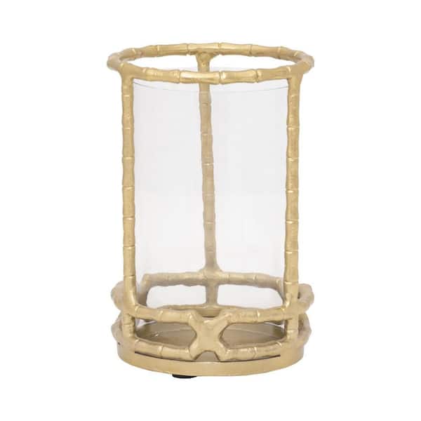 Gold 9 in. Metal and Glass Cylinder Hurricane Candle Holder