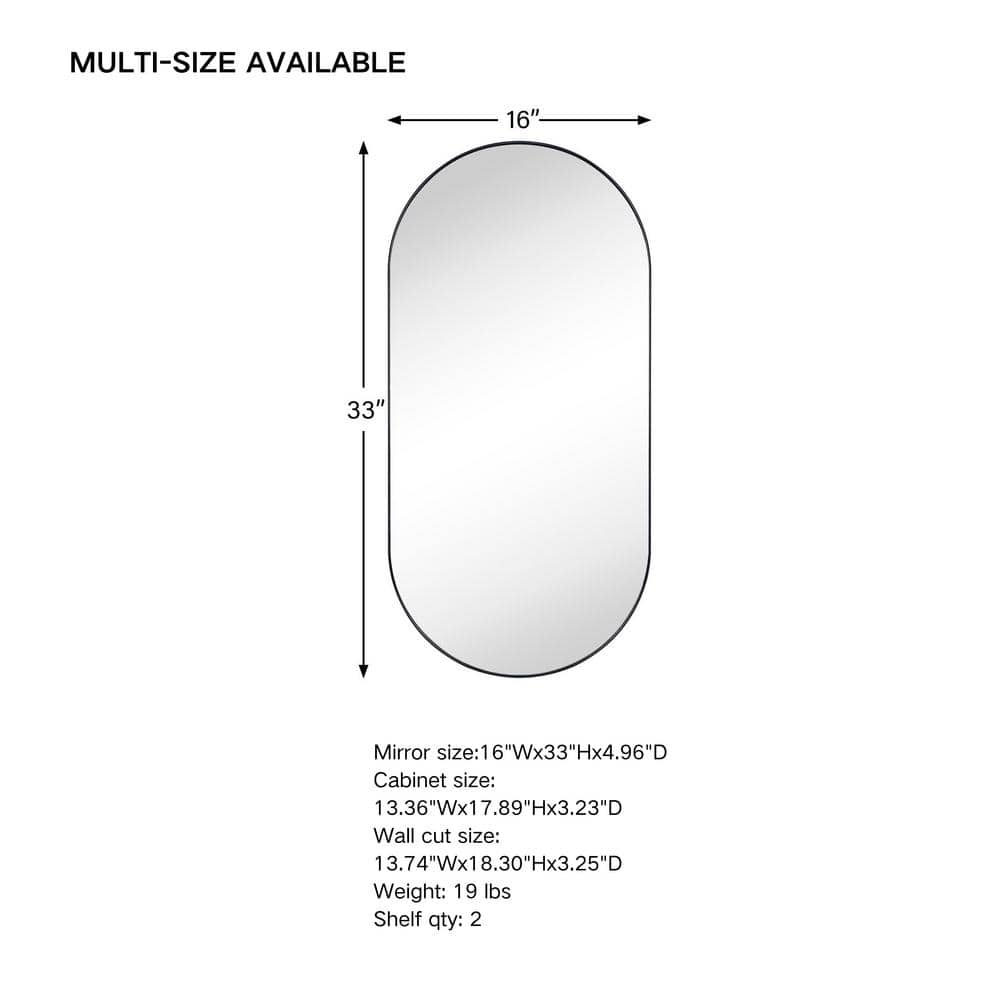 Oval Matte Black Metal Framed Medicine Cabinet with Mirror