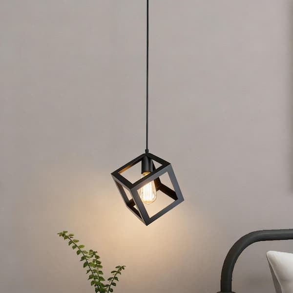 Modern Black Square Cage Pendant Light DIY 1-Light Industrial Cube Hanging Chandelier for Kitchen Island Bedroom Hallway