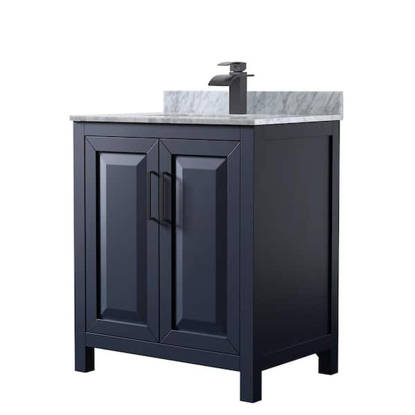 Wyndham Collection Daria 30 in. W x 22 in. D x 35.75 in. H Single Bath Vanity in Dark Blue with White Carrara Marble Top