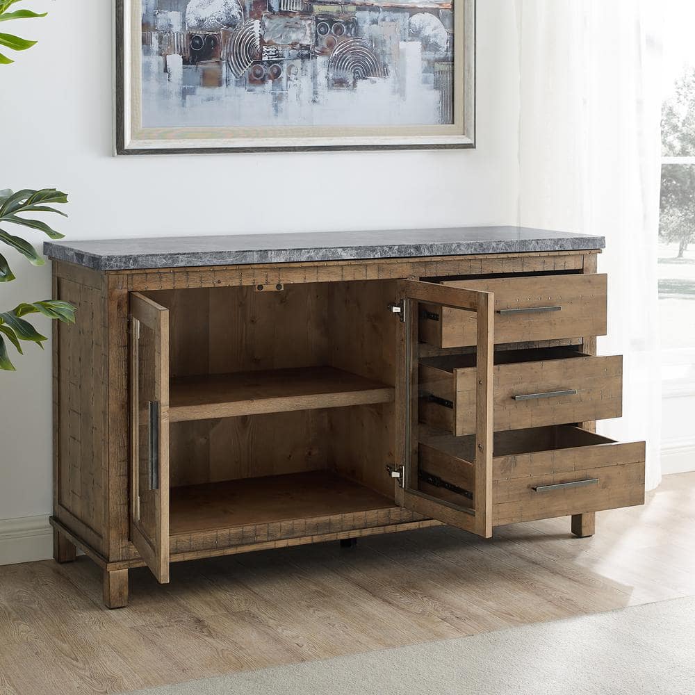 Transitional 60'' Gray Marble Top Driftwood Server with Storage