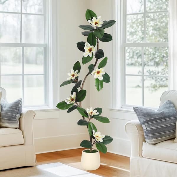 5FT Artificial Magnolia Tree in White Planter Pot, Faux Plants Indoor Artificial Plants with 7-Pieces Magnolia Flowers