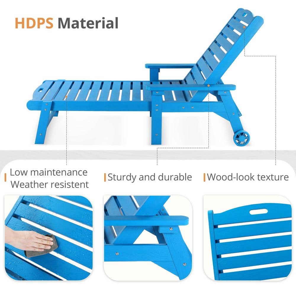 Blue Adjustable Plastic Outdoor Chaise Lounge with Arms
