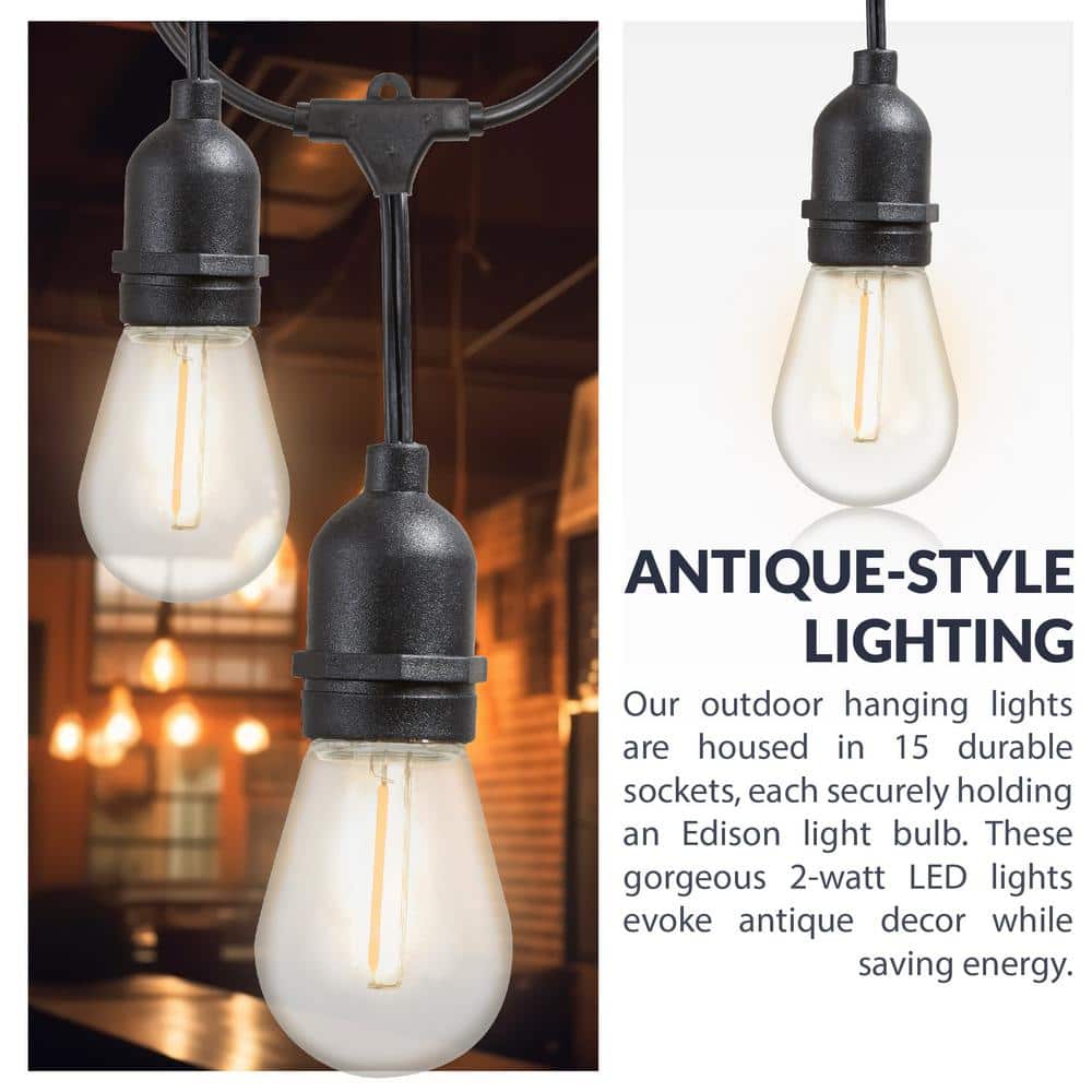 48ft Black Outdoor LED String Lights with Warm White Bulbs