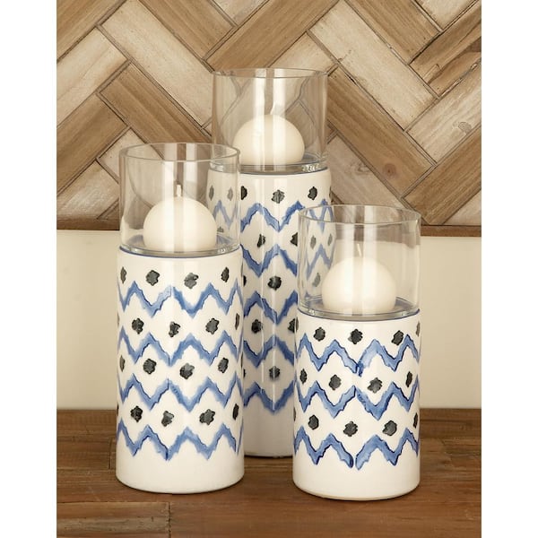 Litton Lane Blue Ceramic and Glass Candle Holders (Set of 3)