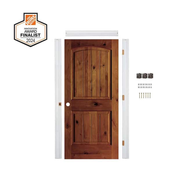 DIY 36in.x 80in. Knotty Alder RH TopArch V-Groove Red Chestnut Stain Wood Single Interior Door Kit w/Quick Assemble Jamb