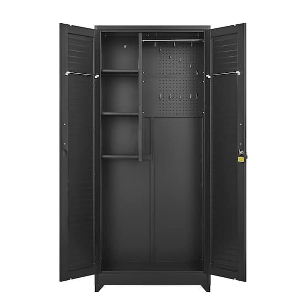 Black 72.8 in Garage Storage Cabinet with Pegboard ＆ Hanging Rod, Metal Broom Closet, Tall Lockable File & Tool Cabinet