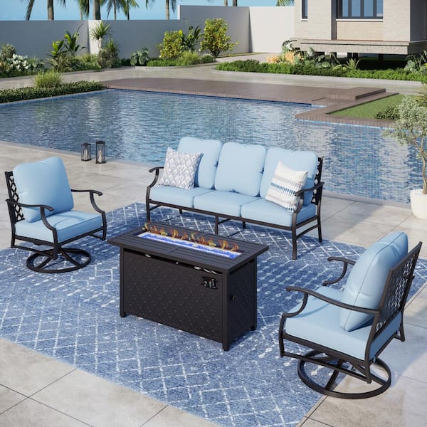 PHI VILLA Black Meshed 5 Seat 4-Piece Metal Steel Outdoor Fire Pit Patio Set with Blue Cushions, Black Rectangular Fire Pit Table