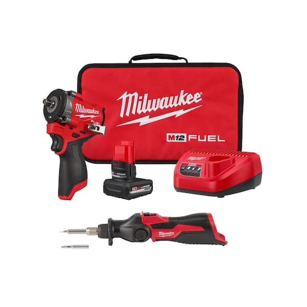 M12 FUEL 12V Li-Ion Brushless Cordless Stubby 3/8 in. Impact Wrench Kit w/ 5.0 Ah High Output Battery and Soldering Iron
