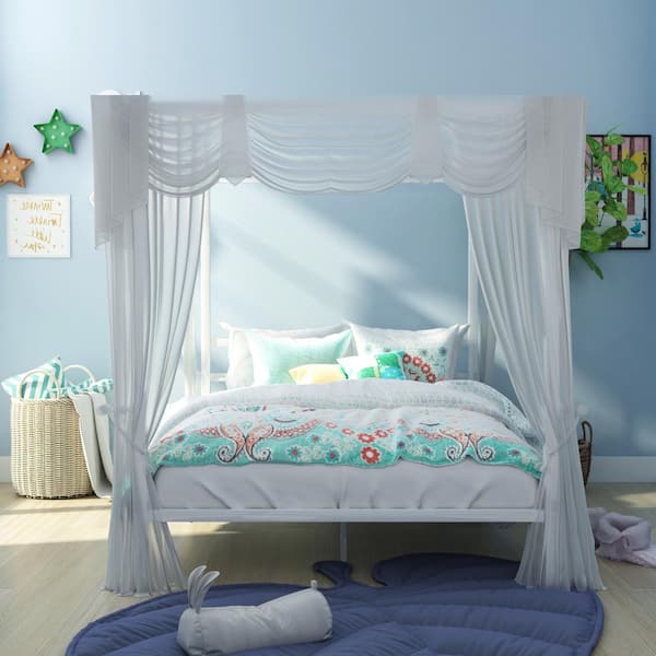 Canopy Bed Frame Queen Size Metal Princess Girl Kids Bedroom Furniture White 