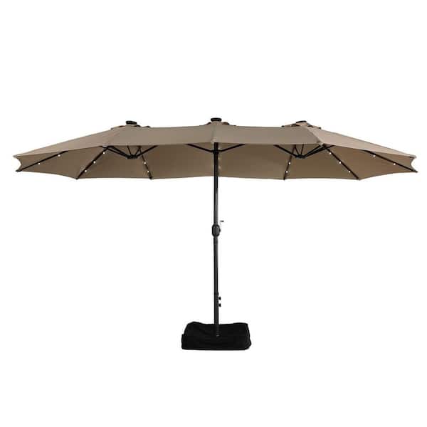 Mondawe 15 ft. Patio Market Umbrella Double-Sided Outdoor Patio Umbrella,UV Protection with Base and Solar LED Lights in Tan