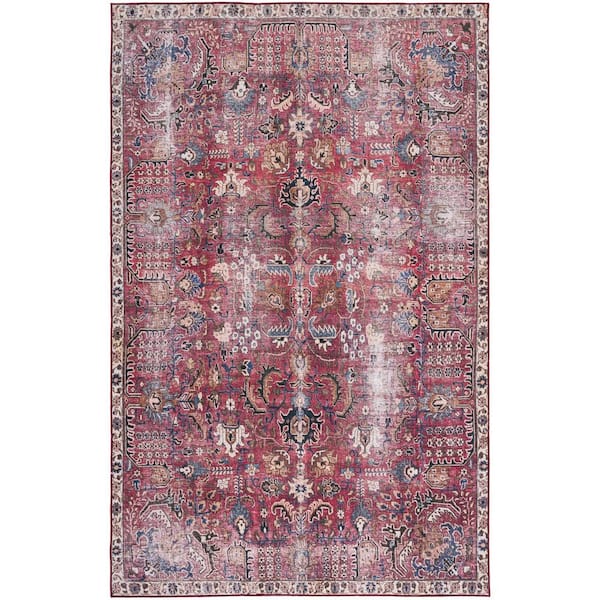 SAFAVIEH Tuscon Red/Beige Doormat 3 ft. x 5 ft. Machine Washable Distressed Border Area Rug