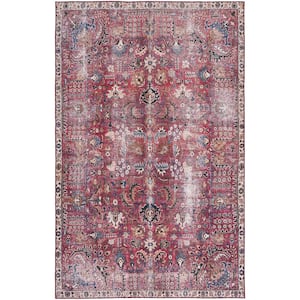 Tuscon Red/Beige 5 ft. x 8 ft. Machine Washable Distressed Border Area Rug