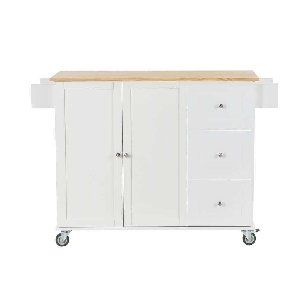 Polibi 52.7 in. W White Rolling Mobile Kitchen Island with Locking Wheels, Storage Cabinet, Spice Rack, Towel Rack and Drawers