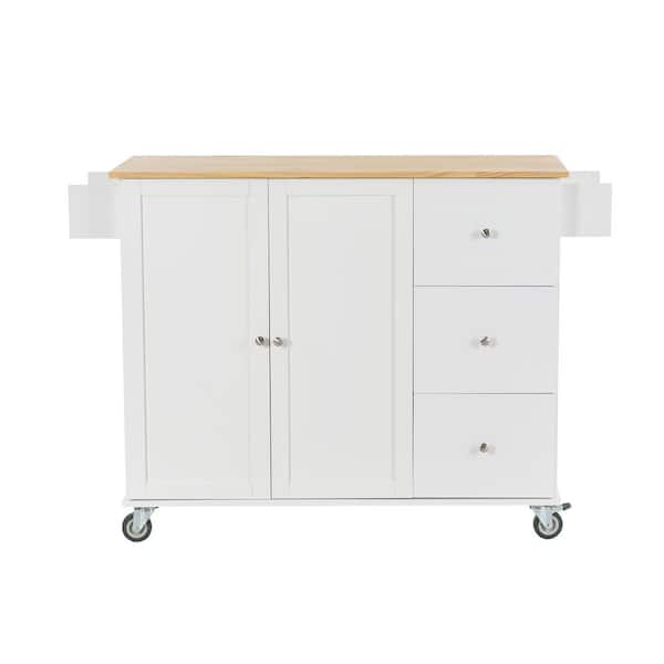 Polibi 52.7 in. W White Rolling Mobile Kitchen Island with Locking Wheels, Storage Cabinet, Spice Rack, Towel Rack and Drawers