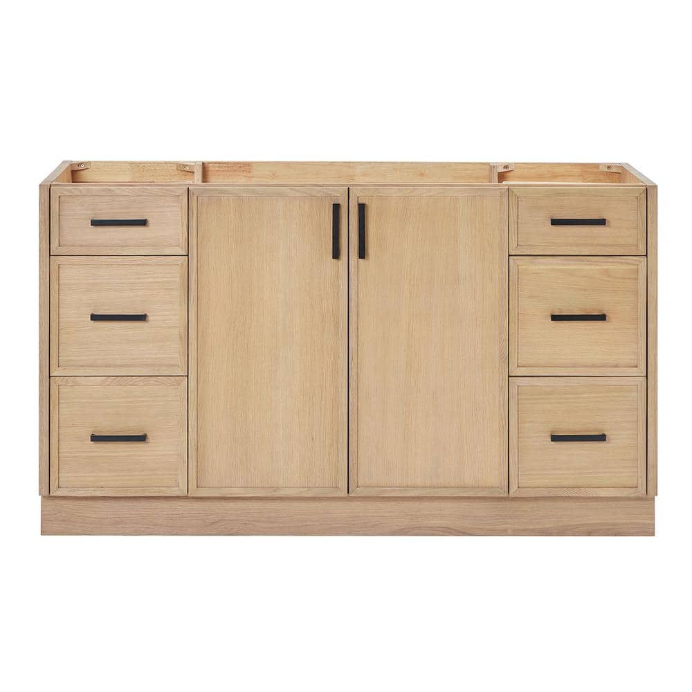 Kelly 60" White Oak Freestanding Bathroom Vanity Cabinet with Black Handles