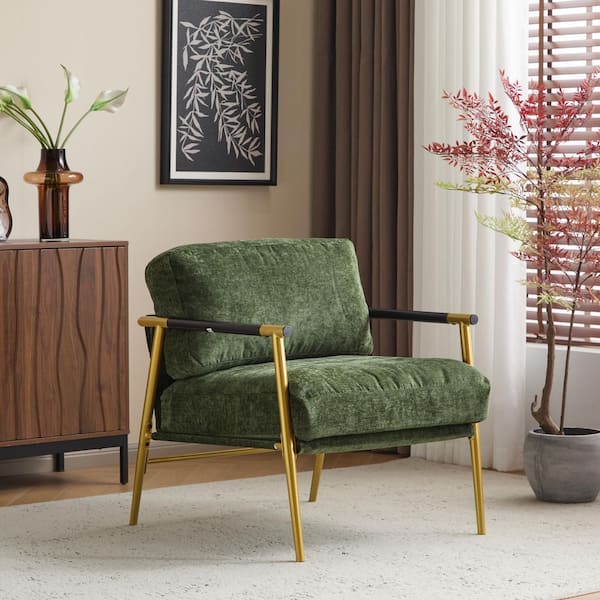 Harper & Bright Designs Minimalist Metal Frame Green and Gold Polyester Arm Chair, Accent Chair with Plush Cushions, Wooden Armrests