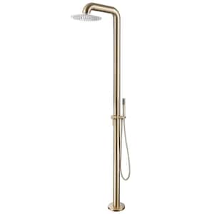 Outdoor Exposed Single-handle Freestanding Tub Faucet with Rainfall Shower Head in Brushed Gold