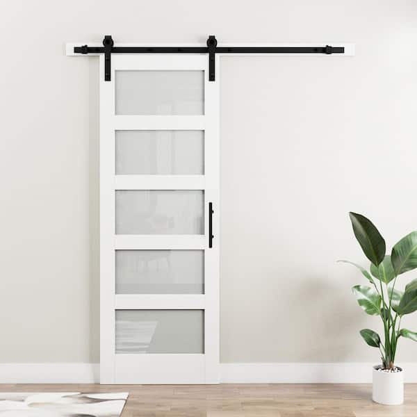 30 in. x 84 in. 5 Lite Tempered Frosted Glass White Primed Glass Sliding Barn Door with Hardware Kit