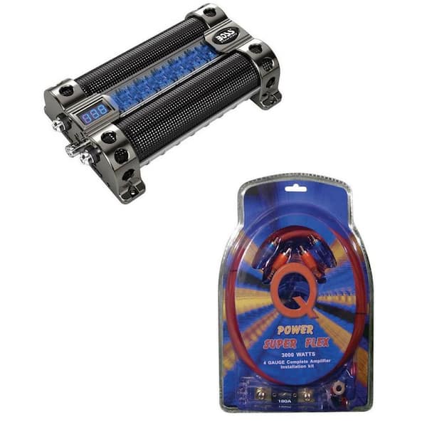 Q POWER BOSS CAP8 8 FARAD LED Digital Car Power Capacitor Cap Plus 4-Gauge Wiring Kit