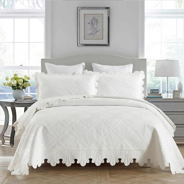 TK62 White Floral King Size Cotton Oversized Bedspread Set Coverlet Set Lightweight Quilt Set