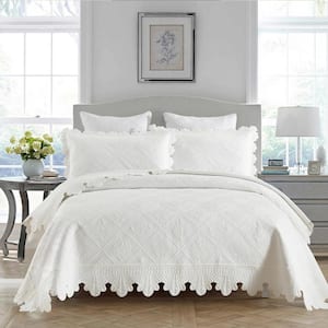 TK62 White Floral Queen Size Cotton Oversized Bedspread Set Coverlet Set Lightweight Quilt Set