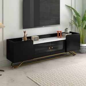 63.07 in. Black Faux Marble Top TV Stand Fits TVs up to 70 in. with Fluted Glass and Gold Frame Base