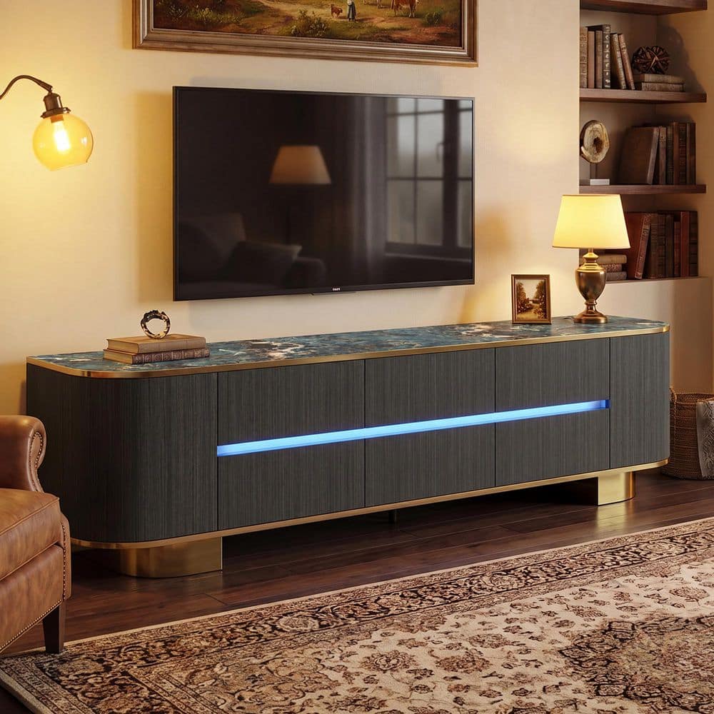 Dark Gray Wood Grain TV Stand, TV Console, Entertainment Center Fits TV's up to 80 in. with 6-Drawer, 4-Shelf and Light price history on PriceWatchPro