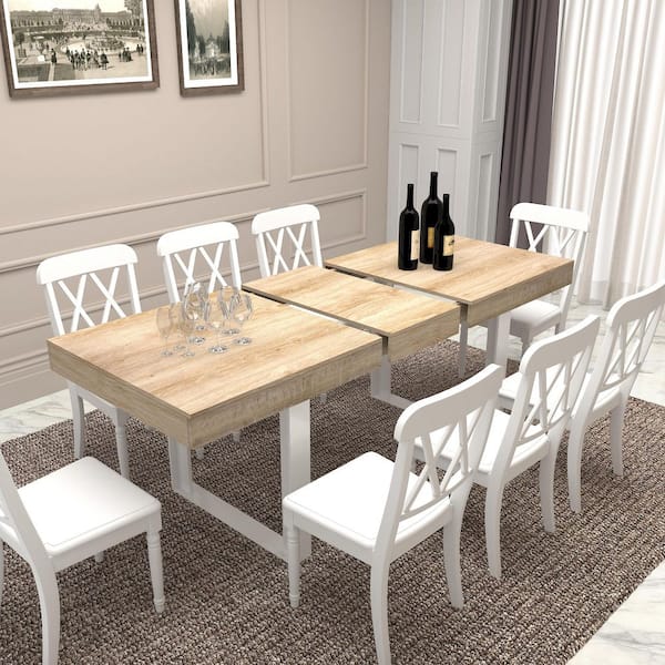 Alverric Modern White and Oak Finish Wood 78.74 in. Sled Base Rectangle Dining Table with Extendable, 6/8/10-Seats
