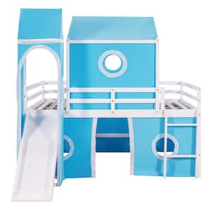 Blue Full Size Loft Bed with Slide, Tent and Tower, Playhouse Wood Full Bunk Bed Frame for Kids, Boys, Girls, Teens