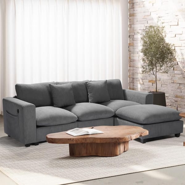 WESTINFURNITURE Hamilton 99 in. Square Arm 4-Piece Corduroy Upholstered Modular Sectional Sofa Ottoman Set w/ USB Charge Port in. Gray