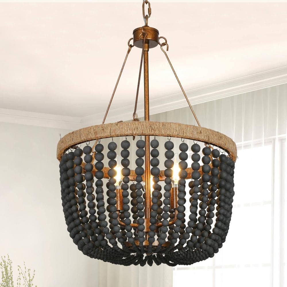 Modern Farmhouse Empire Drum Beaded Chandelier Light, 3-Light Gold Transitional Boho Chandelier with Black Wood Beads price history on PriceWatchPro