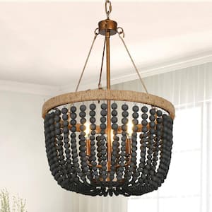 Modern Farmhouse Empire Drum Beaded Chandelier Light, 3-Light Gold Transitional Boho Chandelier with Black Wood Beads