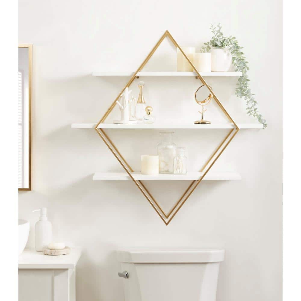White and Gold Diamond Floating Wall Shelf with Wooden Accents