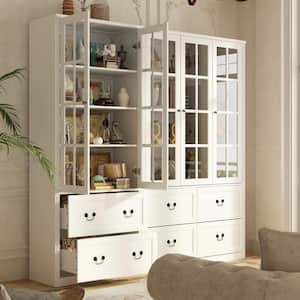 White Wood Combination Cabinet Freestanding Display Cabinet With 5 Tempered Glass Doors and 6-Drawers
