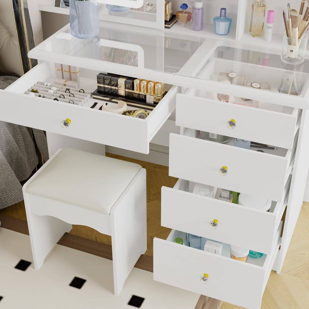 White Makeup Vanity Set Dressing Desk with Glass Top, Sliding LED Lighted Mirror, Drawers, Storage Shelves and Stool - thumbnail 3