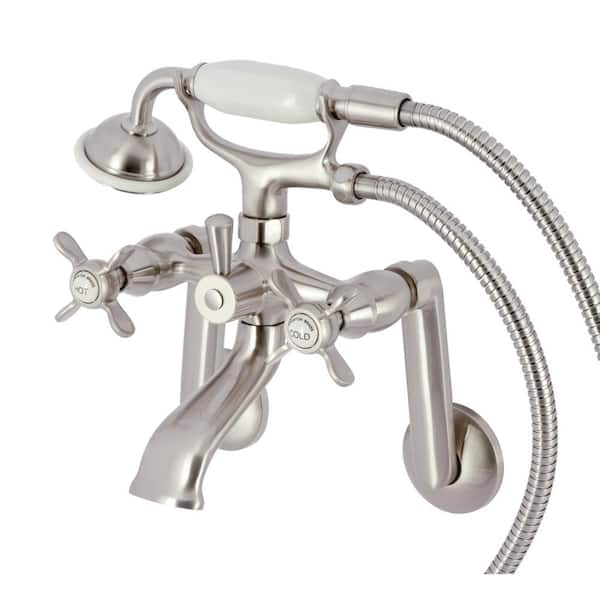 Kingston Brass Kingston 3-Handle Wall-Mount Clawfoot Tub Faucet with Hand Shower in Brushed Nickel