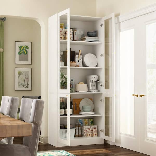 White Wood 31.5 in. W Sideboard Accent Storage Cabinet Bookcase with Acrylic Glass Doors