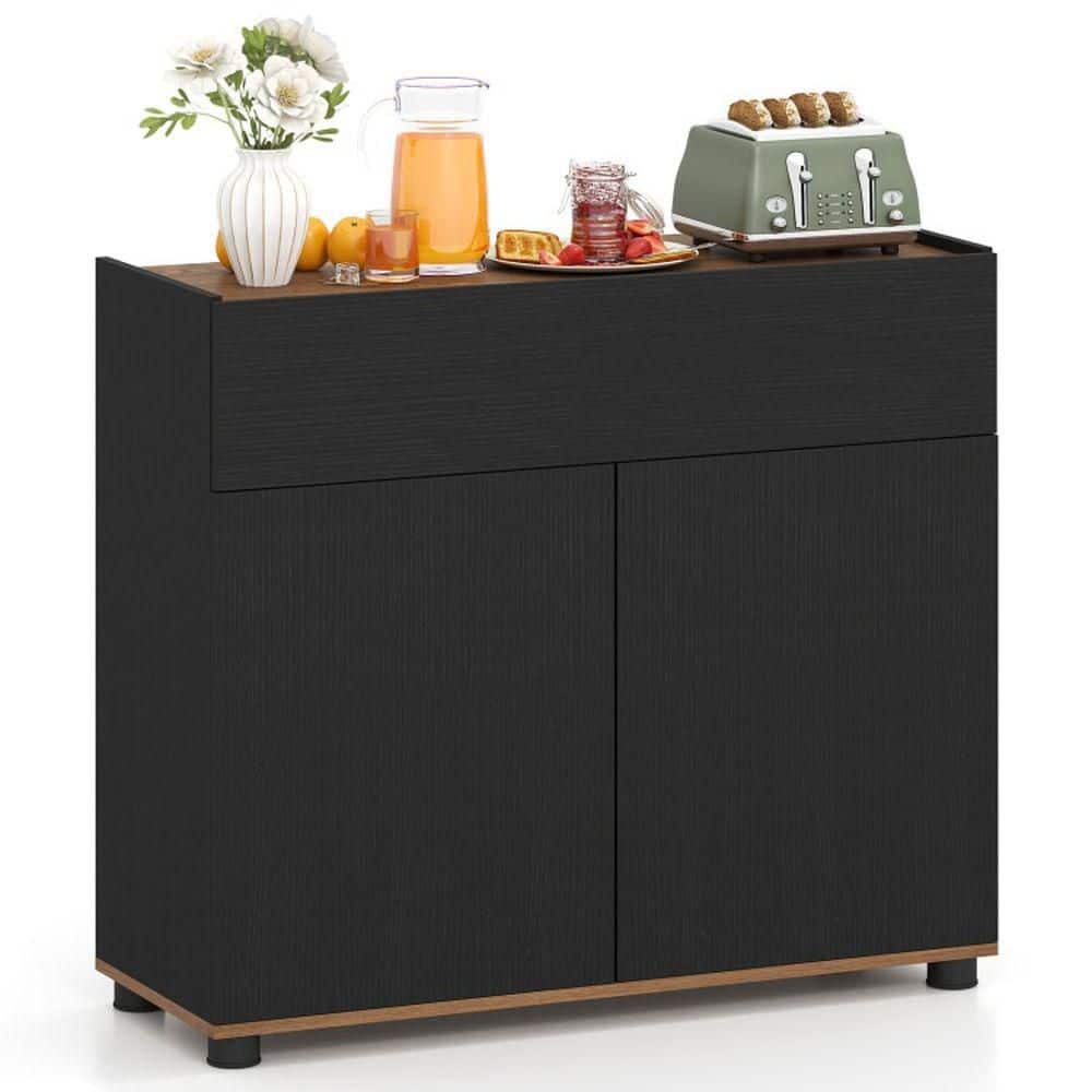 Black MDF Buffet with Push-to-Open Doors, Drawer