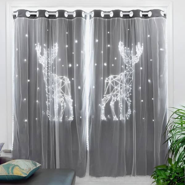 Pro Space Gray 52 in. W x 84 in. L Blackout Cutout Elk Pattern Curtain for Kids Room (2-Panels)