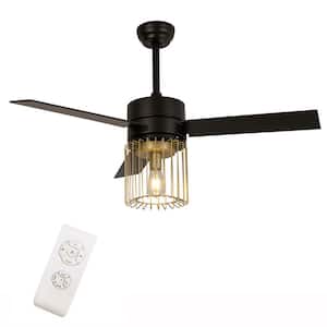 48 in. Indoor Rustic Metal Cage Lampshade Black Ceiling Fan Light with Remote