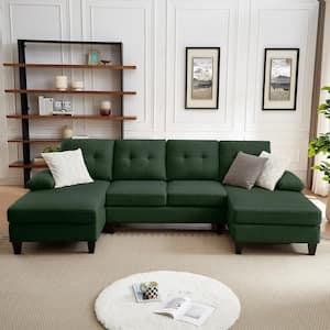 111.03 in. W Pillow Top Arms 4-Seat U Shaped Fabric Modern Sectional Sofa in Green with Double Chaise